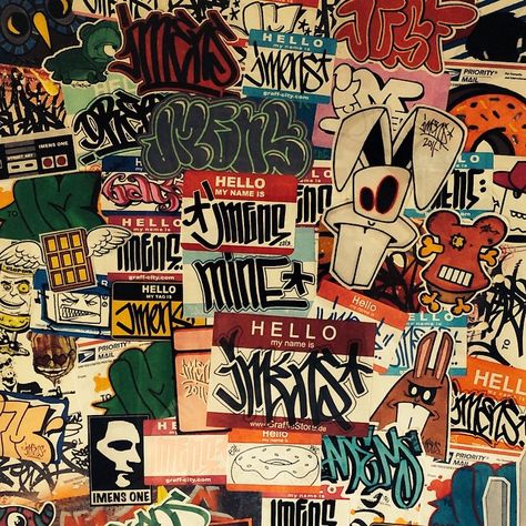 Part of my personal stickerwall hangin' in my living room 90s Graffiti, 90s Hiphop, Graffiti Stickers, Graffiti Tagging, Poster Collection, My Living Room, Street Design, Black Books, Collage Wall