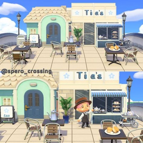 Spero 🌈 on Instagram: "Today is the grand opening of Tia’s Tea Shoppe! ☕️ 🧁💙 She already put me to work and I get paid in scones (which are amazing by the way). Tia was was one of my first villagers and elephants are one of my favorite animals irl. It’s safe to say that she has a special place in my heart. ⭐️ All custom designs were made by me. ⭐️ The building construction was heavily influenced by the wonderful @tropikitch_acnh ✨ Likes, comments, shares, and saves are always appreciated Tia Acnh House, Acnh Tia Yard, Acnh Tropikitch, Acnh Inspiration, Special Place In My Heart, New Animal Crossing, Favorite Animals, Building Construction, The Building