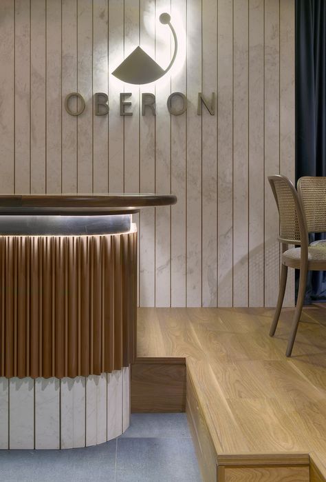 Oberon Cafe-Bar, Thessaloniki by Minas Kosmidis-Architecture In Concept  #ArchitectureInConcept #MinasKosmidis Hotel Lobby Design, Reception Desk Design, Design Café, Lobby Interior, Counter Design, Lobby Design, Reception Design, Modern Restaurant, Bar Interior