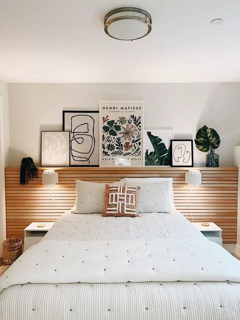 36 Wood Slat Accent Wall Ideas for a Stylish Focal Point in Any Room Bedding Storage Ideas, Northwest Interior Design, Wood Slat Headboard, Wood Slat Accent Wall, Slat Accent Wall, Above Bed Ideas, Wall Behind Bed, Slat Headboard, Bedroom Wall Decor Above Bed