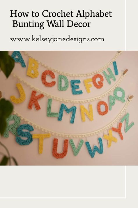 Learn how I made this alphabet bunting. Featuring the free alphabet pattern from Moogly. Easy steps on how to turn it into wall art. Crochet Name Wall Hanging, Crochet Happy Birthday Banner, Crochet Birthday Banner, Crochet Banner Garlands, Crochet Classroom Decor, Classroom Crochet, Alphabet Bunting, Crochet Bunting Pattern, Knit Coaster