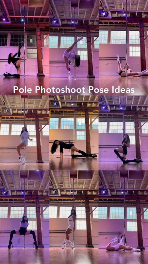 Nine different pole photo shoot pose ideas from AngelaAerial in a grid. Pole Poses Photo Shoots, Pole Dancing For Beginners, Pole Poses, Pole Fitness Inspiration, Pole Fitness Moves, Pole Dance Studio, Pool Dance, Dancing Poses, Paid Partnership