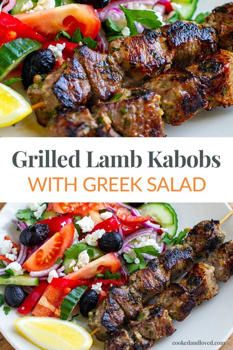 Souvlaki-style, marinated lamb kabobs grilled or pan-fried to tender and juicy, served with a simple Greek salad for a balanced, healthy meal. This delicious Mediterranean dish is gluten-free, low-carb and Paleo/Whole30 friendly (omit the cheese). You will love this healthy lamb recipe! Lamb Kabobs Mediterranean, Greek Kabobs, Greek Lamb Recipes, Healthy Lamb Recipes, Simple Greek Salad, Healthy Greek Recipes, Mediterranean Lamb, Greek Night, Lamb Kabobs