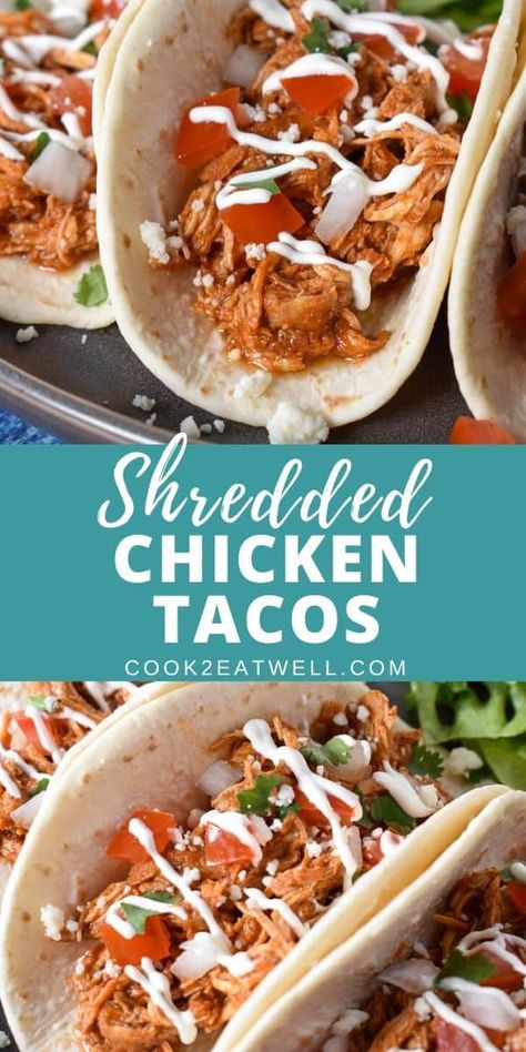 These shredded chicken tacos will give you a new, delicious way to make chicken and shake up taco night all in one easy recipe. Chicken breasts are cooked in a flavorful tomato sauce, then shredded and added back to the sauce until they soak it all up. Dress up the tacos with your favorite toppings and enjoy! #shreddedchickentacos #chickentacos Easy Shredded Chicken Tacos, Shredded Chicken Tacos Recipe, Pulled Chicken Tacos, Chicken Tacos Recipe, Easy Shredded Chicken, Slow Cooker Shredded Chicken, Make Shredded Chicken, Chicken Tacos Easy, Shredded Chicken Tacos