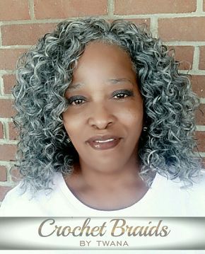 Crochet Braids with Freetress Gogo Curl in color Grey. 3 packs cut in half. #gogocurl #greycrochetbraids #grayhair #platinumhair #crochetbraids #protectivestyles #grannyhair #gogocurl #freetress #crochetbraidsbytwana www.crochetbraidsbytwana.com Grey Hair For Black Women, Grey Hair Braids, Crochet Braids Freetress, Curl Braids, Gray Hairstyles, Grey Eagle, Short Crochet, Granny Hair, Crochet Hairstyles