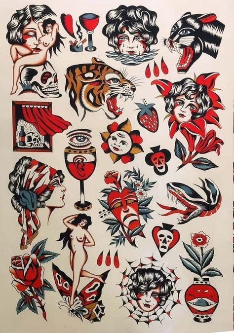 Traditional Tattoo Style Art, Flash Sheets Traditional, Flash Art Sleeve, American Traditional Background, Flash Sheet Flowers, Trad Tattoo Sleeve, Traditional Tattoo Sheet, Traditional Old School Tattoo Flash, Modern American Traditional Tattoo