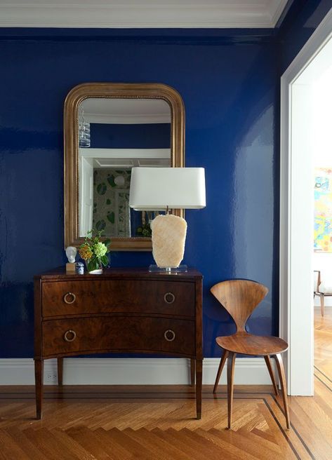 Wood, Room, Interior design, Flooring, Floor, Hardwood, Drawer, Wall, Wood flooring, Chest of drawers, Upper West Side Apartment, Blue Pantone, Blue Accent Walls, Herringbone Wood, Accent Wall Paint, Blue Room, Grey Dining, Furnishings Design, Blue Interior