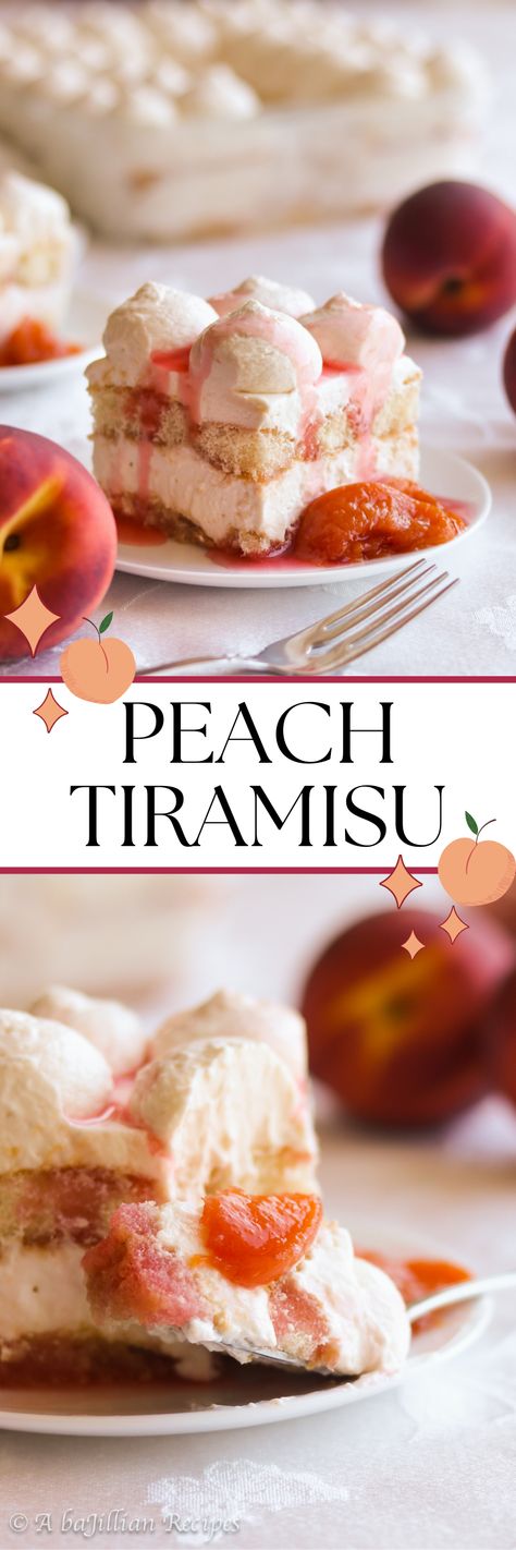 Peach Tiramisu - A baJillian Recipes Peach Tiramisu, Peach Mascarpone, Mascarpone Filling, Peach Compote, Pumpkin Crisp, Peach Syrup, Gluten Free Cheesecake, Tiramisu Recipe, Ice Cream Candy