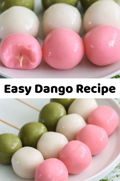 close up image of pink, green, and white Hanami dango on bamboo skewers Hanami Dango Recipe, Dango Recipe, Hanami Dango, Snacks Japonais, Desserts Japonais, Japenese Food, Japanese Dessert Recipes, Food Japanese, Easy Japanese Recipes