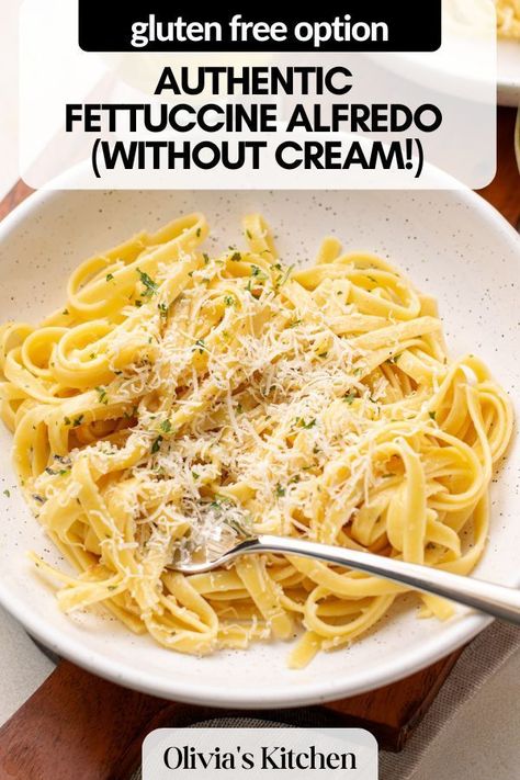 This fettuccine alfredo is made in the traditional Italian style without heavy cream. Butter, garlic, and parmigiano reggiano mixed with starchy pasta water form a creamy, luscious sauce without extra dairy. This recipe comes together in just 15 minutes, and can easily be made gluten-free. Alfredo Sauce Recipe No Heavy Cream, Alfredo No Heavy Cream, Heavy Cream Alfredo Sauce, Alfredo Sauce Without Cream, Authentic Alfredo Sauce, Easy Chicken Fettuccine Alfredo, Fettucini Alfredo Recipe, Alfredo Sauce Recipe Without Heavy Cream, Fettuccine Alfredo Sauce