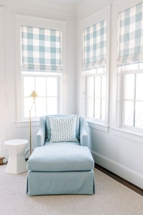 Traditional nursery. White and blue nursery with light blue gingham window treatments Traditional Nursery Boy, White And Blue Nursery, Blue And White Nursery, Oyster Creek Studios, Bedroom Sitting Area, Nursery Window Treatments, Barbie Malibu, Light Blue Gingham, Bedroom Sitting