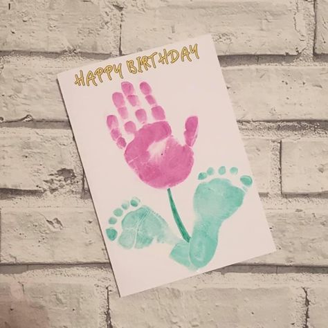 Grandma Birthday Diy Gift, Handprint Birthday Card Grandma, Happy Birthday Crafts For Grandma, Birthday Card From Infant, Handprint Birthday Card For Mom, Handmade Birthday Card For Grandma, Happy Birthday Grandma Craft, Happy Birthday Footprint Art, Hand Print Birthday Cards From Kids