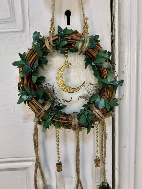 #gothic #witchy #protectionwreath #chime #bells #witchythings #darkcottagecore #darkdecor #gothicdecor #witchbells #wreath #alter #doorhanging #moon #moondecor #blackmagic #magical #crystal Witchy Christmas Wreaths, Witch Bell Wreath, Witchy Door Wreath, Witchy Door Decor, Moon Wreath Crescent, Pentagram Wreath, Protection Wreath, Wicca Decor, Solstice Party