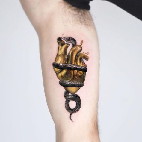 Golden Heart Tattoo, Golden Snake Tattoo, Black Mamba Tattoo, Gold Tattoo Ink, Fancy Tattoo, Geometric Shape Tattoo, Drawing Monsters, The Black Mamba, Mamba Mentality