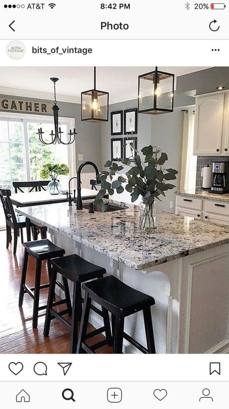 Love the counters, backsplash and paint with the white cabinets by monique Modern Kitchen Lighting, New Kitchen Cabinets, Interior Design Magazine, Kitchen Remodeling Projects, Kitchen Redo, White Kitchen Cabinets, Kitchen Remodel Idea, Design Kitchen, White Cabinets