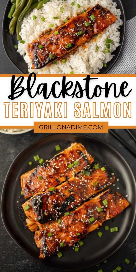 Blackstone Teriyaki Salmon Recipe - grillonadime.com Easy Teriyaki Sauce, Grilled Teriyaki Salmon, Griddle Cooking Recipes, Hibachi Recipes, Salmon Teriyaki Recipe, Outdoor Cooking Recipes, Crescent Recipes, Grilled Salmon Recipes, Cooking Stone