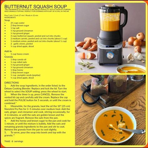 Pampered Chef Butternut Squash Soup, Blender Soup, Buttercup Squash, Butternut Squash Recipes Soup, Soup Maker, Vitamix Recipes, Pampered Chef Recipes, Blender Recipes, Squash Soup