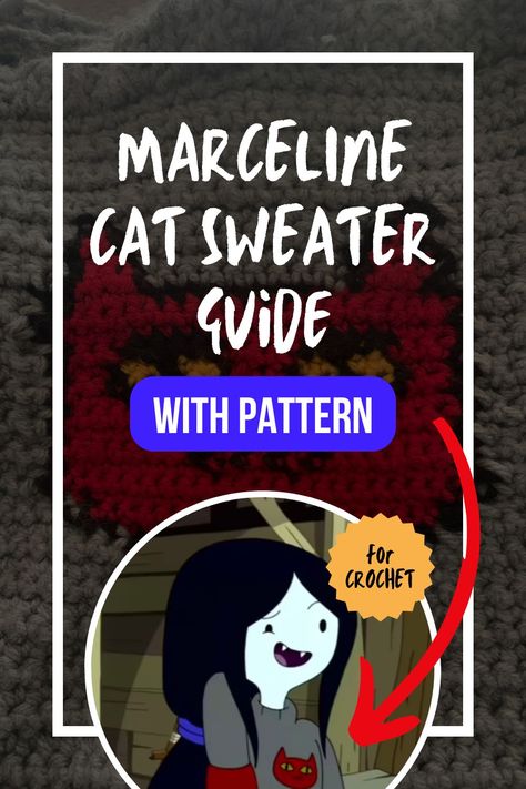 This blog post is a crochet guide on how to make the Marceline Cat Sweater from the dope Cartoon Network tv show Adventure Time! This guide includes a for-purchase pixel grid pattern/tutorial and helpful tips for creating this project. Also a fun knit idea! Brought to you by Stories and S'mores, a blog for storytelling and s'more sweet, sweet content. Follow and find your next inspiration. Marceline Crochet Pattern, Marceline Sweater Crochet Pattern, Marceline Sweater Crochet, Marceline Cat Sweater, Marceline Sweater, Adventure Time Crochet, Crochet Cartoon, Knit Ideas, Cat Sweater