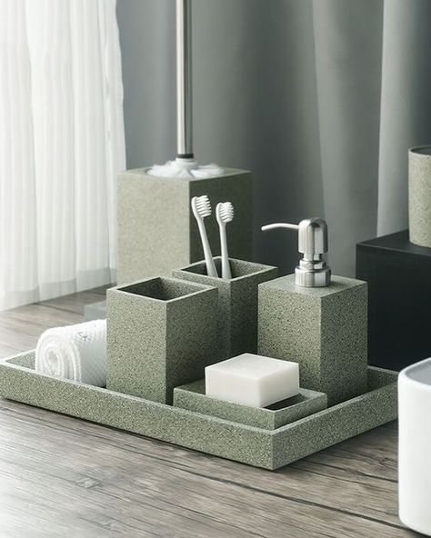 Transform your bathroom into a tranquil oasis with Just Serene’s aesthetic bathroom sets #bathroomdecor #homedecor #bathroomsets #aestheticbathroom #serenebathroom #bathroominspiration #bathroomgoals #homesweethome #bathroomessentials #bathroommusthaves #justserene Green And Gold Bathroom Accessories, Bathroom Sets Bath Accessories, Bathroom Decor Spa, Classical Bathroom, Modern Boho Bathroom, Terrazzo Bathroom, Resin Bathroom, Green Bathroom Accessories, Aesthetic Bath