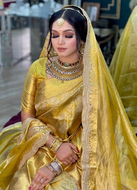 Yellow Bridal Saree, Yellow Wedding Saree, Vedic Wedding, Bridal Saree Collection, Indian Bridal Wear Red, Haldi Ceremony Outfit, Indian Bridesmaid Dresses, Indian Wedding Gowns, Bridal Sari