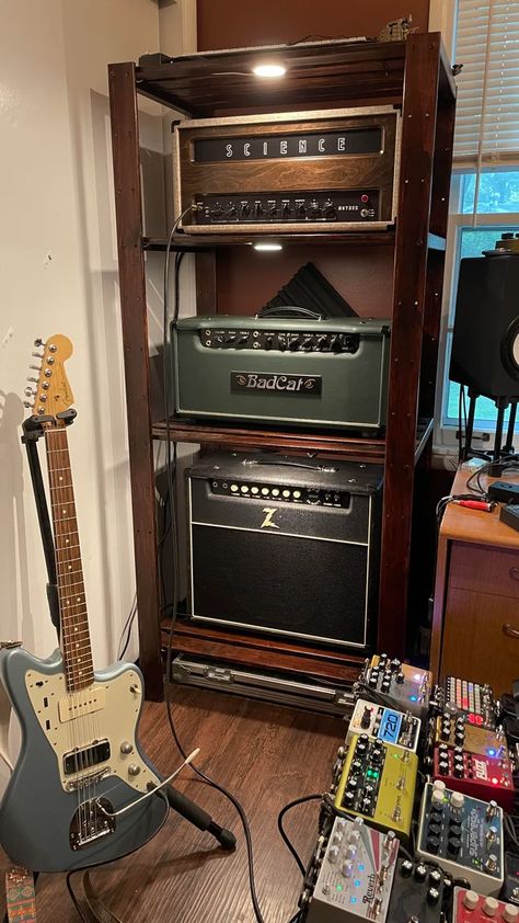 IKEA shelf repurposed as amp rack. : GuitarAmps Guitar Storage Cabinet, Studio Music Room, Wall Display Case, Music Room Design, Guitar Studio, Guitar Storage, Ikea Shelf, Home Music Rooms, Guitar Rack