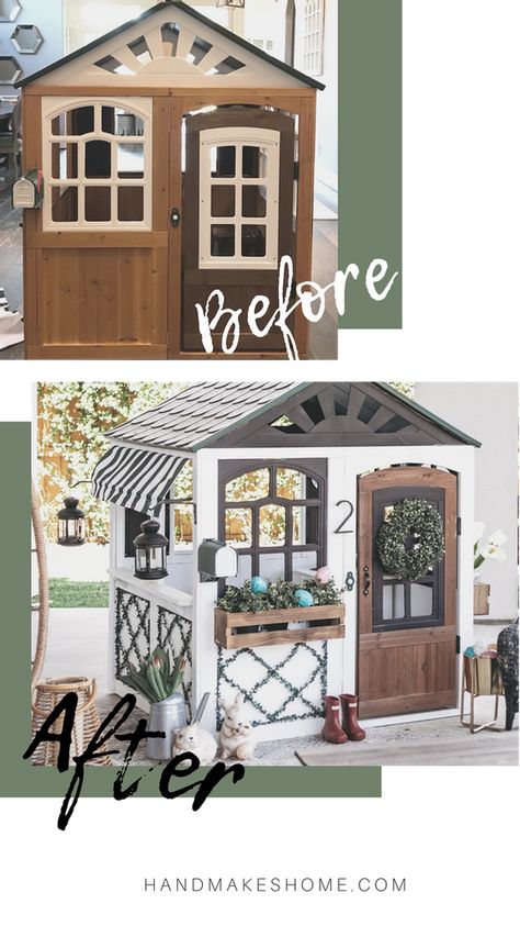 Outdoor Playhouse Makeover, Kidkraft Playhouse Makeover, Kids Playhouse Makeover, Playhouse Remodel, Playhouse Decor, Playhouse Makeover, Wood Playhouse, Playhouse Ideas, Outdoor Playhouse