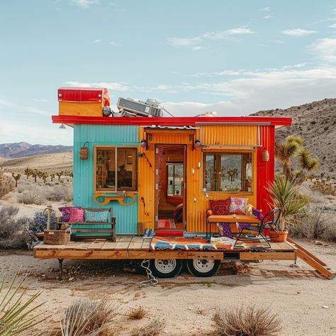 Colorful Desert Abode: A vibrant and eclectic tiny house on wheels stands under the vast desert sky, inviting adventure. #colorful #desert #tiny house #adventure #vibrant #aiart #aiphoto #stockcake ⬇️ Download and 📝 Prompt 👉 https://ayr.app/l/VRTQ Desert Tiny Home, Desert Tiny House, Colorful Desert, Desert Sky, Save File, Tiny House On Wheels, House On Wheels, Tiny Home, Free Photos