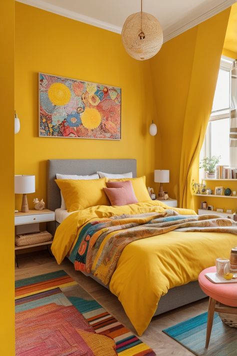 Yellow Bedspread Ideas, Bedroom Interior Colour, Yellow Bedspread, Iconic Furniture Design, Dining Room Decor Modern, Mediterranean Interior Design, Mid Century Modern Dining Room, Mediterranean Interior, Modern Small House Design