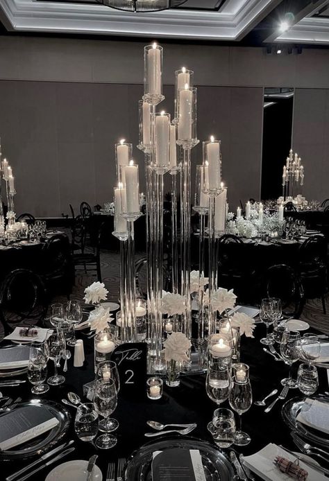 Black Wedding Theme Ideas, Black Quinceanera Theme, Black Wedding Theme, Corporate Event Decoration, Silver Wedding Theme, White Silver Wedding, Gala Decorations, Silver Wedding Decorations, Dark Wedding Theme