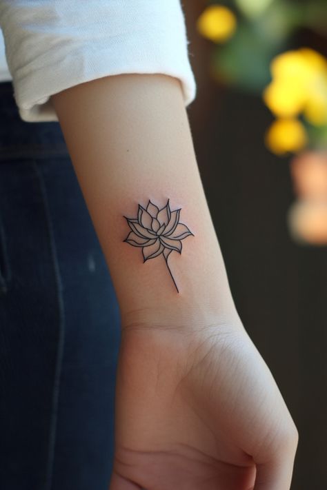 A minimalist lotus flower tattoo on a person's forearm. Small Tattoo Placement Ideas, Cute Small Tattoo Ideas, Small Compass Tattoo, Small Mountain Tattoo, Tiny Designs, Puzzle Piece Tattoo, Tattoo Placement Ideas, Small Tattoo Placement, Small Anchor