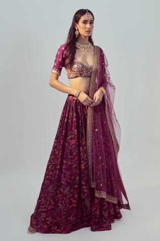 Shop for Drishti and Zahabia Purple Dupion Silk Embroidered Lehenga Set for Women Online at Aza Fashions Floral Anarkali, Ruffled Gown, Wedding Dresses Indian, Printed Lehenga, Dark Magenta, Embroidered Lehenga, Dresses Indian, Dupion Silk, Sharara Set