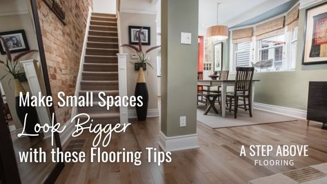 The biggest contributor to color and style in any room is the floors. The color, material, and style of your floors all determine your perception of how much space a room has. Click the link below to learn the effects different colored floors have on your perception of space in a room, and how to make small spaces look bigger. #AStepAboveFlooring #CincinnatiFlooring #CincinnatiSmallBusiness #ProTip #FlooringExpert #FlooringIdeas #FlooringInstallation #FlooringInspiration Different Floors In Adjoining Rooms, Flooring To Make A Room Look Bigger, How To Choose Flooring For Home, Easiest Flooring To Install Yourself, Easiest Flooring To Install, Bedroom Floor Tiles, Tiles Living Room, Flooring Inspiration, Best Flooring