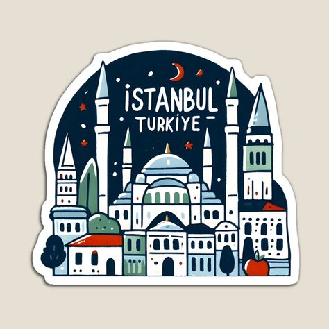 Get my art printed on awesome products. Support me at Redbubble #RBandME: https://www.redbubble.com/i/magnet/Istanbul-Turkey-Turkiye-by-WanderlustCoCo/165143596.TBCTK?asc=u Nice Gif, Cityscape Illustration, Funny Laptop Stickers, European Cities, Istanbul Turkey, Laptop Stickers, Crescent Moon, Cool Gifs, Crescent