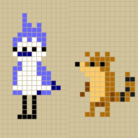 Mordecai and Rigby from The Regular Show perler bead patterns designed by Rosealine_Black Perry The Platypus Pixel Art, Regular Show Perler Beads, Adventure Time Perler Beads, Tiny Perler Bead Patterns, The Regular Show, Mordecai And Rigby, Melt Beads Patterns, Hama Art, Pearl Beads Pattern