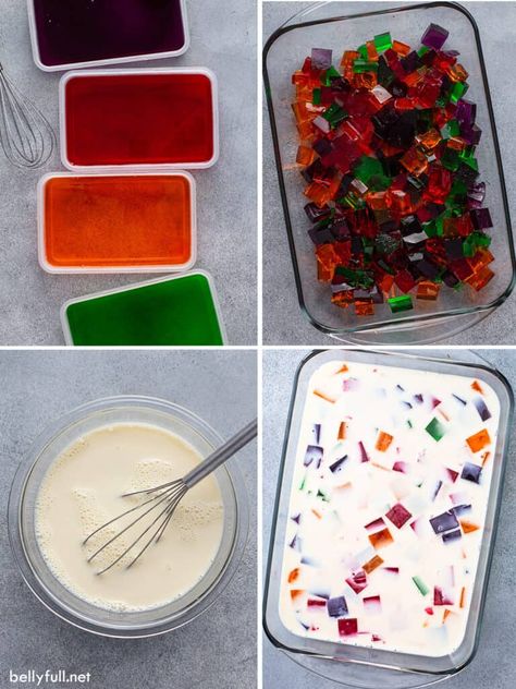 Broken Glass Jello (also known as Stained Glass Jello) looks so impressive, but is really easy to make! Different colors of Jello float in a sweetened white gelatin mixture. Vary it every time by using different flavors. This classic make-ahead dessert recipe looks so lovely on a buffet table and is always a hit at holidays, potlucks, and luncheons! Jello Cubes How To Make, Jello Mold Recipes Vintage, Mexican Jello Recipe, Jello Cubes, Broken Glass Jello, Glass Jello, Gelatin Desserts, Mold Recipes, Homemade Jello