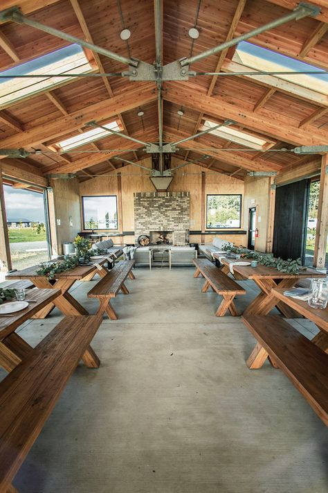 Small Event Venue Design, Small Venue Space, Barn Event Space, Door Dining Table, Event Space Design, Event Venue Design, Venue Business, Lake Landscaping, Garage Door Styles