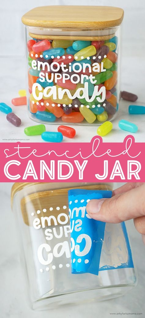 DIY "Emotional Support Candy" Jar #ikonart #ikonartstencils #emotionalsupport #candyjar #diystencils #stencils #screenprint #silkscreen #diysilkscreen @ikonartstencil Candy Jar Svg Free, Personalized Candy Jar, Resell Business, Office Candy Jar, Personalized Candy Jars, Candy Jars Diy, Message Jar, Staff Appreciation Gifts, Office Candy