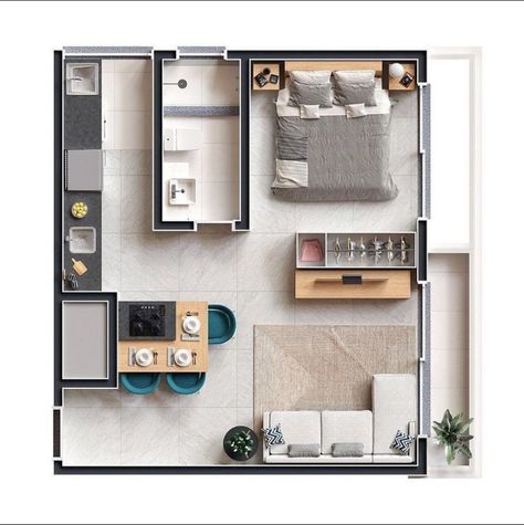 2 Rooms Apartment Design, 30 M2 Apartment, Multi Use Space, Small Apartment Plans, Studio Apartment Floor Plans, Apartemen Studio, Row House Design, 3d Floor Plan, Small Tiny House