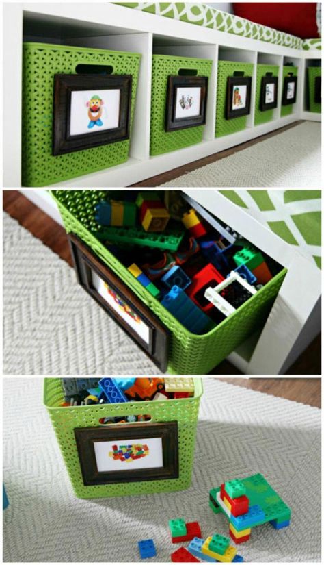 IHeart Organizing, Playroom Organization Ideas via A Blissful Nest #kidsroomstorage Organizing With Baskets, Basement Playroom, Boys Playroom, Playroom Storage, Home Daycare, Playroom Organization, Basket Organization, Organization Kids, Toy Rooms