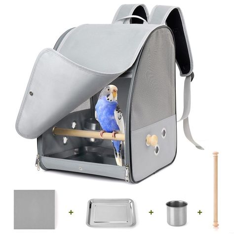 Bird Carrier Backpack Cage (Grey), Carrier with Stainless Steel Foodbowl and Stainless Steel Tray & Wooden Standing Perch, Bird Travel Cage for Small Birds, Green Cheek, Cockatiel, Parrot   (As an Amazon Associate I earn from qualifying purchases) Bird Room, Bird Carrier, Pet Bag, Pet Bird, Small Birds, Pet Carriers, Beautiful Birds, Animal Rescue, Pet Birds