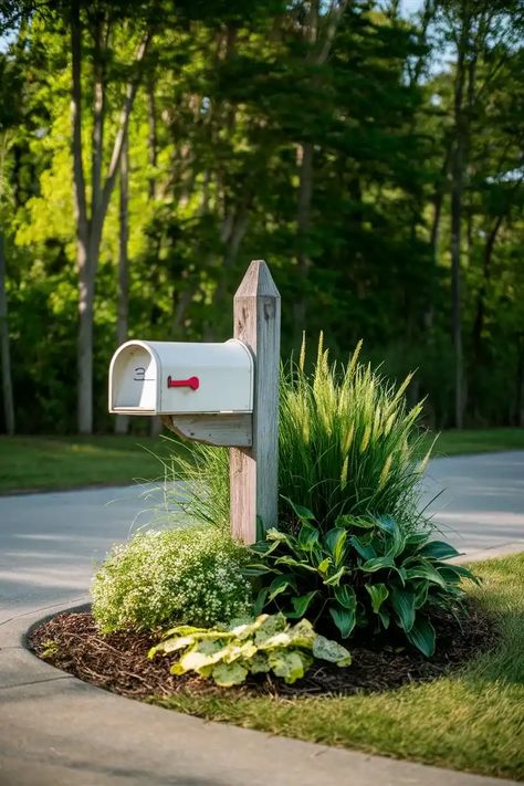 25 Gorgeous Mailbox Flower Bed Ideas That Will Instantly Boost Your Curb Appeal! - TopReviewsAdviser Curb Flower Bed Ideas, Landscape Mailbox Ideas, Landscaping Along Side Of House, Farmhouse Front Landscaping Ideas, Flowers Around Mailbox Ideas Full Sun, Mailbox Curb Appeal Ideas, Nc Landscaping Ideas, Plants Around Mailbox Ideas, Mailbox Garden Ideas Full Sun