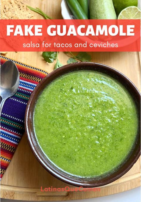 Fake Guacamole recipe from fresh Mexican zucchini, serrano, onion, garlic, and cilantro (or sans). Yep, it contains no avocado and tastes still great. Learn more about this fun taqueria favorite. A printer-friendly recipe card is available at the LatinasQueComen website with easy-to-follow steps, tips, and variations. Subscribe for more Free Recipes! Fake Guacamole, Homemade Groceries, Freeze Cilantro, Herbs For Inflammation, Freezing Cilantro, Herb Planting, Mexican Zucchini, Plant Herbs, Mexican Salsa Recipes