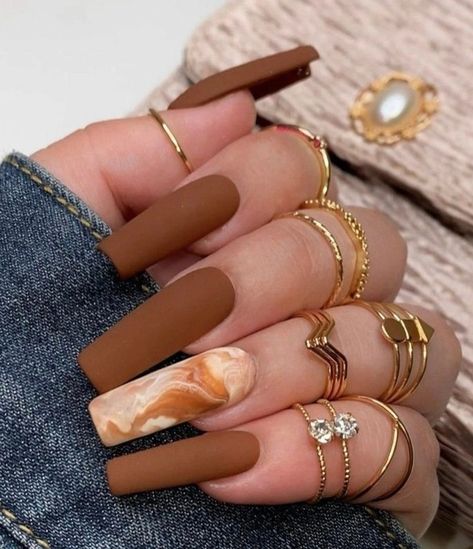 Brown Acrylic Nails, Gold Acrylic Nails, Brown Nail, Brown Nails Design, Matte Nails Design, Fall Acrylic Nails, Brown Nails, Coffin Nails Designs, Matte Nails