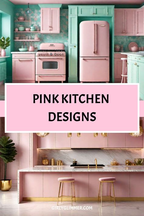 Two retro-styled kitchens with pastel pink appliances and cabinetry, featuring the text "PINK KITCHEN DESIGNS". Kitchen Painting Ideas, Pink Kitchen Inspiration, Pink Kitchen Designs, Retro Pink Kitchens, Kitchen Color Schemes, Vibrant Kitchen, Pink Cabinets, Kitchen Revamp, Trendy Kitchen Colors