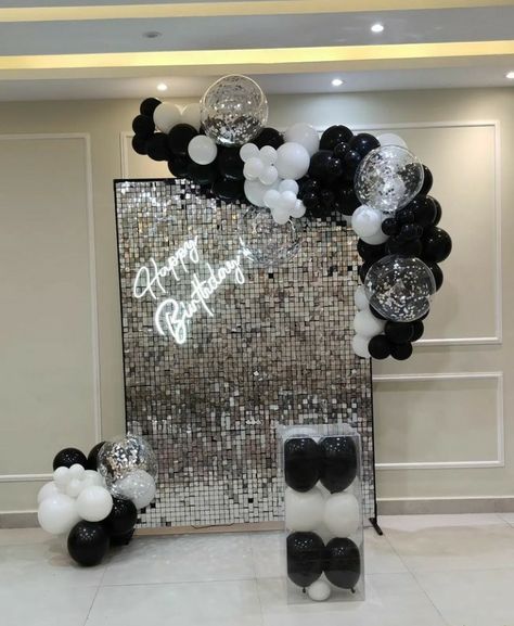 Happy Birthday Black Decoration, Black White And Silver 21st Birthday, Led Lights Birthday Decor, Black And Silver 40th Birthday Ideas, 21st Birthday Black And White Theme, Black And Silver 25th Birthday, Black And White Theme Birthday Party, Black And White 21st Birthday Decoration, White And Black Party Theme