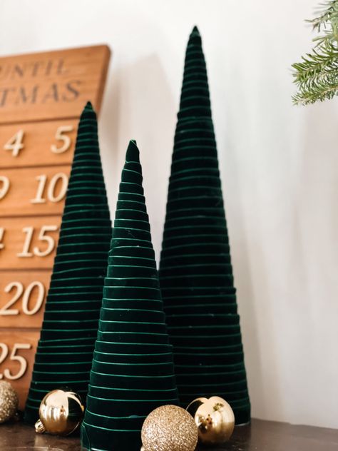 Make These Simple DIY Velvet Christmas Trees Velvet Ribbon Cone Tree, Velvet Ribbon Christmas Tree Diy, Velvet Trees Diy, Miniature Christmas Trees Ideas, Diy Cone Trees Christmas, Diy Cone Tree, Diy Velvet Christmas Trees, Foam Christmas Tree Crafts, Cone Trees Diy