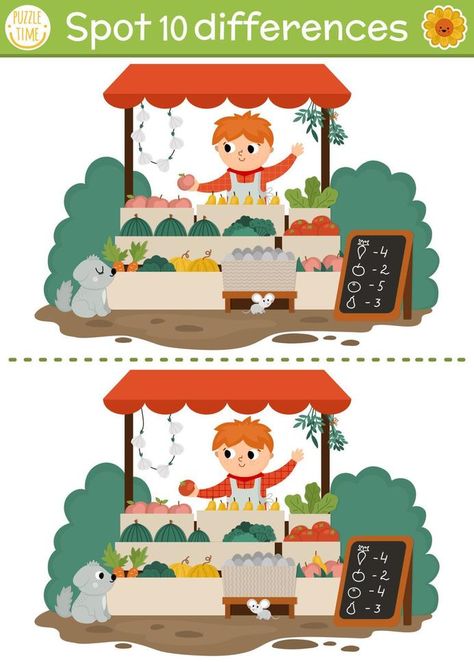 Find differences game for children with boy selling fruit and vegetables on market stall. On the farm educational activity with cute vendor. Farm puzzle for kids. Printable worksheet or page Farm Puzzle, Vegetable Farming, Puzzle For Kids, Kindergarden Activities, Game For Children, Farm Kids, Market Stall, Nursery School, Magazines For Kids