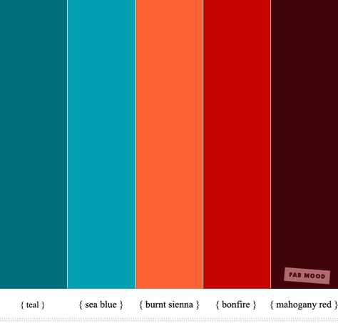 Color Inspiration : Teal + sea blue + burnt sienna + red + mahogany red | fabmood.com #color #colorideas #colorinspiration #teal #mahogany #colorscheme Red Orange Teal Color Scheme, Teal Orange Red Color Palette, Red Teal Color Palette, Colors That Compliment Orange, Burnt Sienna Color Palette, Color Palettes Wedding, Teal And Burnt Orange, Mint Color Palettes, Hms Pinafore