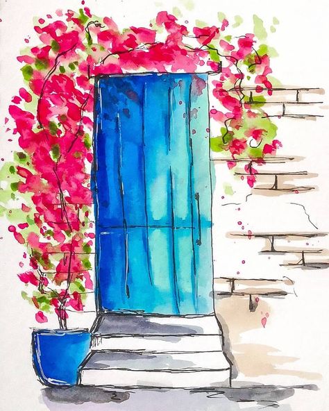 Mediterranean Watercolor Paintings, Mamma Mia Watercolor, Greece Art Paintings, Greek Watercolor, Greece Watercolor Painting, Thumbnail Drawings, Zen Watercolor, Bougainvillea Watercolor, Greek Paintings