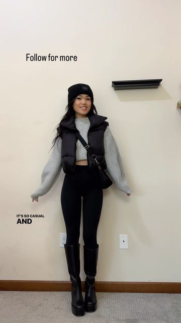 Tho Pham on Instagram: "Someone on TikTok asked if I can recreate this outfit wearing leggings instead so here I am 🥰 • Bandeau top @skims ( linked in LTK/ Jan story highlight) • Sweater @hm • Leggings @lululemon ( linked in LTK/ Jan story highlight) • Boots @oakandfort ( linked in Jan story highlight) • Puffer vest @amazon ( linked in my storefront) • Beanie @ugg ( sold out 🥲) • Bag @katespadeny ( sold out) #casualoutfit #comfyoutfit #outfitinspiration #outfitideas #outfitoftheday #outfitins Puffer Vest Leggings Outfit, Sweater Hm, Puffer Vest Outfit, Girl Swag, Neutral Outfit, Vest Outfits, Lululemon Leggings, Bandeau Top, Puffer Vest